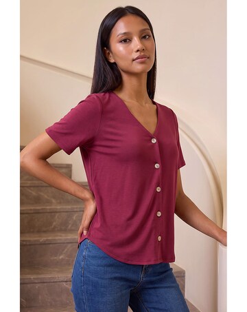Roman Petite V-Neck Buttoned Blouse