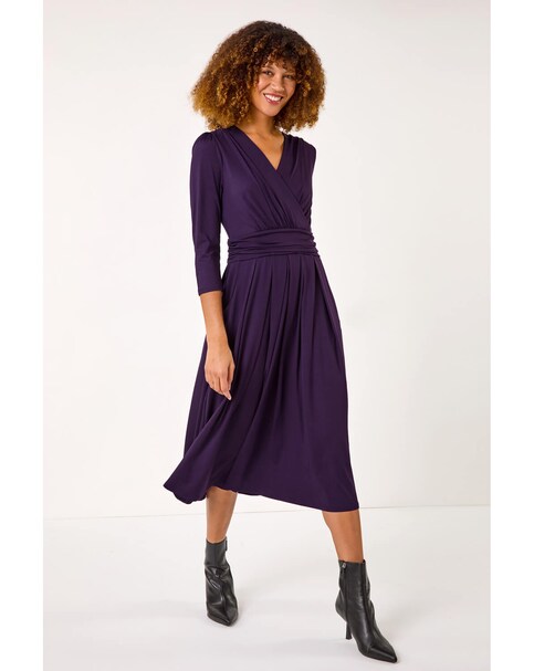 New In - Roman Wrap V-Neck Stretch Midi Dress