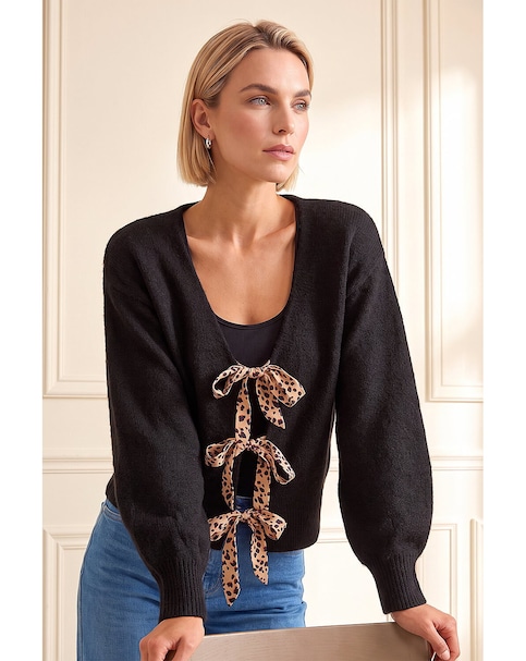 Roman Animal Tie Front Knit Cardigan