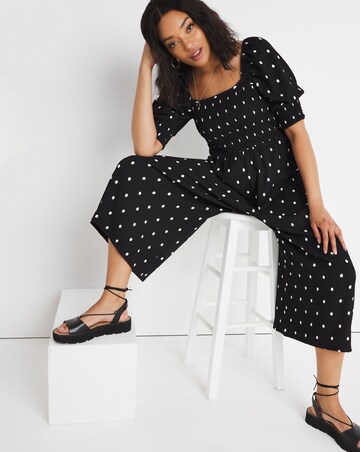 Mono Spot Square Neck Waffle Shirred Jumpsuit