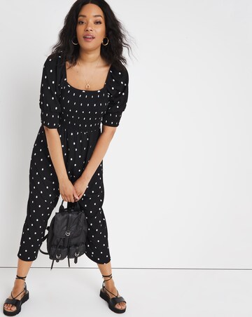 Mono Spot Square Neck Waffle Shirred Jumpsuit