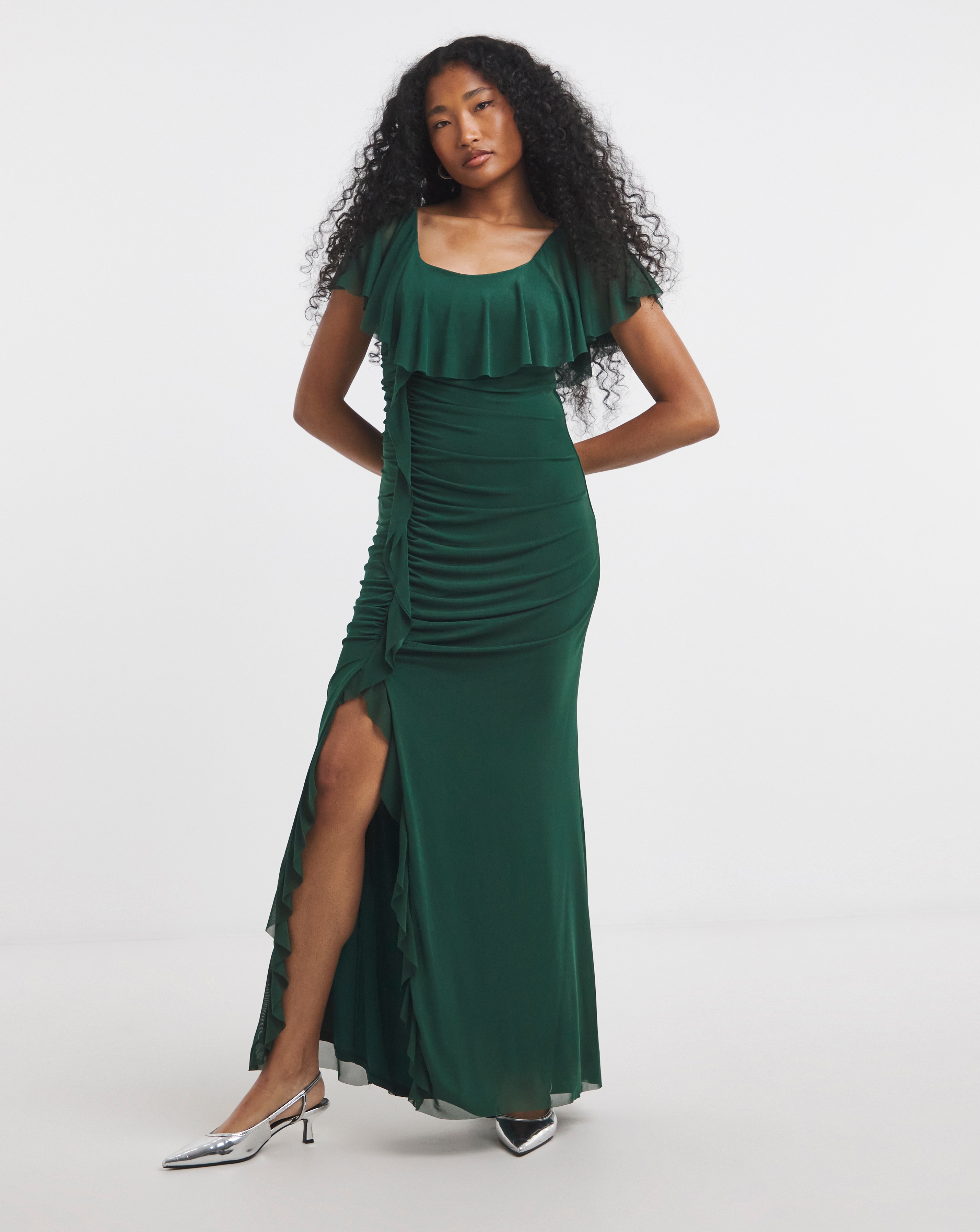 Flounce London Ruched Mesh Maxi Dress