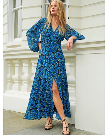Ro&Zo Blue Floral Ruched Waist Maxi Dress