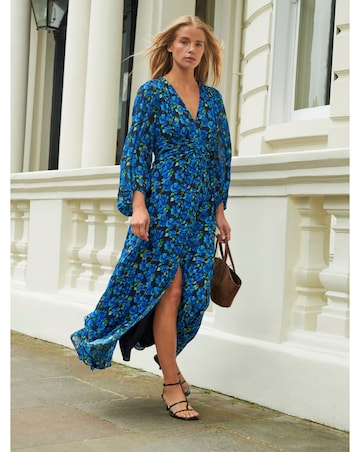 Ro&Zo Blue Floral Ruched Waist Maxi Dress