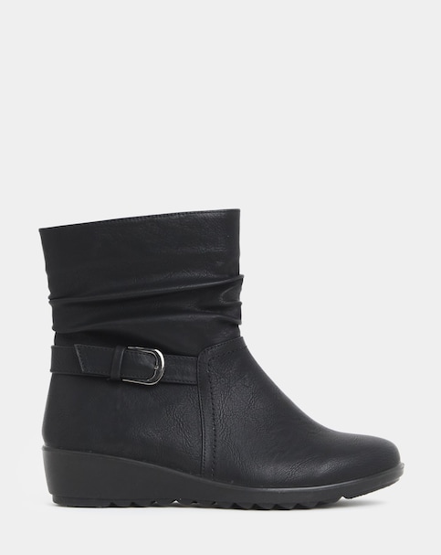 New In - Ruched Buckle Wedge Boots Ex Wide