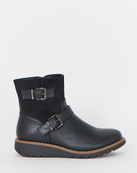 New In - Contrast Fabric Buckle Boots Wide