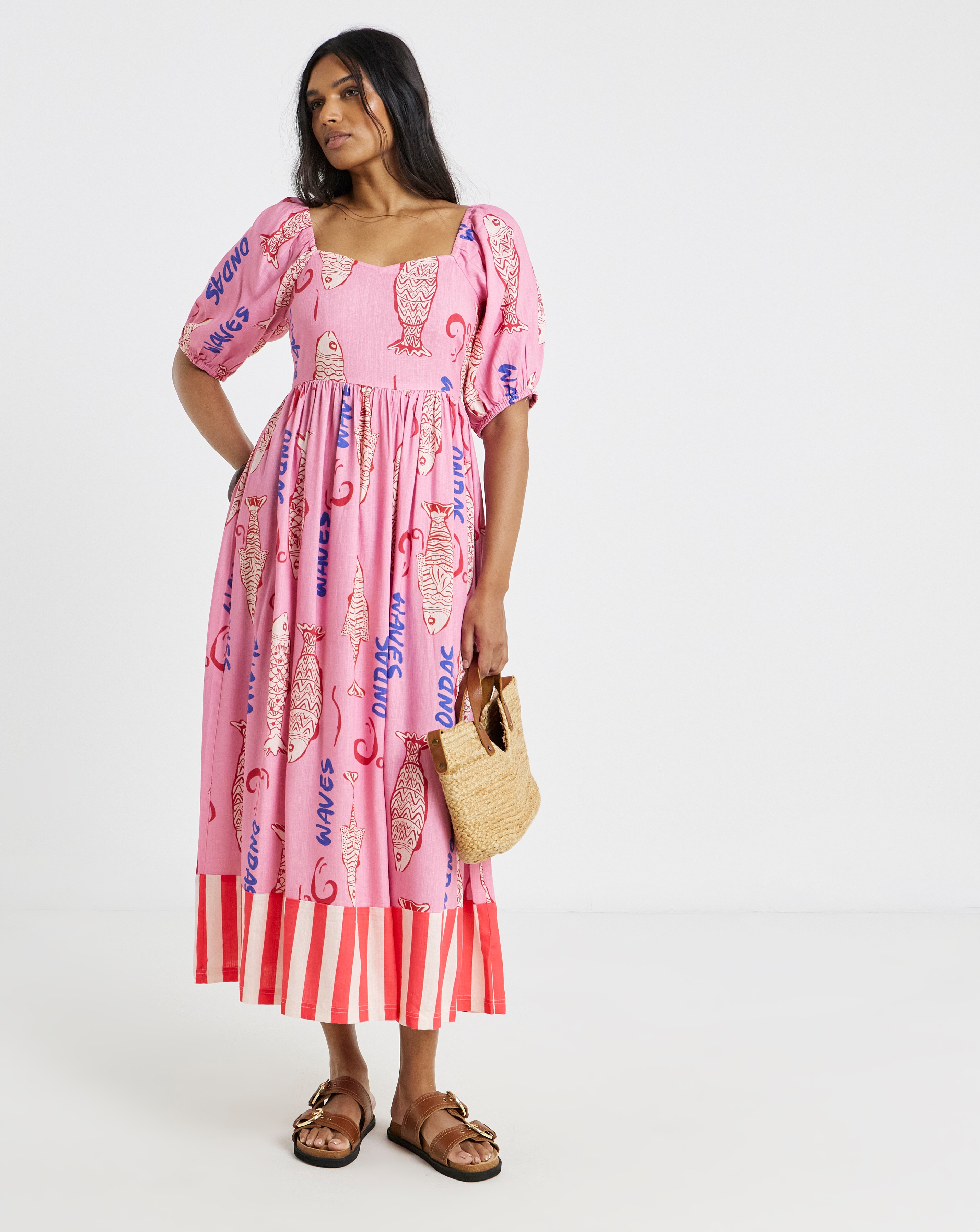 Sardine Print Linen Midi Dress