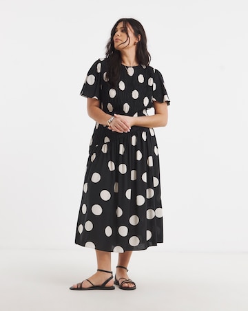 Mono Spot Print Spun Viscose Asymm Shirred Midi Dress
