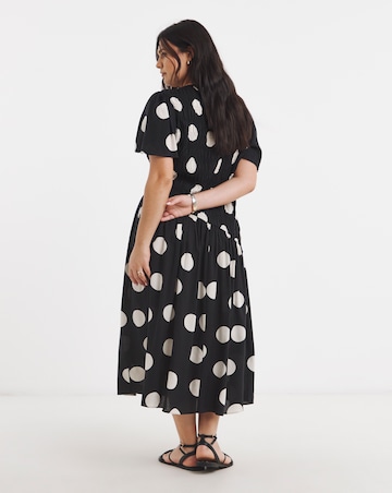 Mono Spot Print Spun Viscose Asymm Shirred Midi Dress