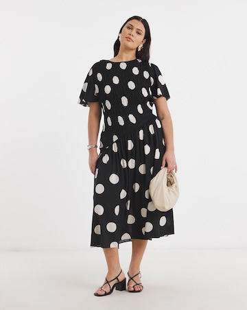 Mono Spot Print Spun Viscose Asymm Shirred Midi Dress