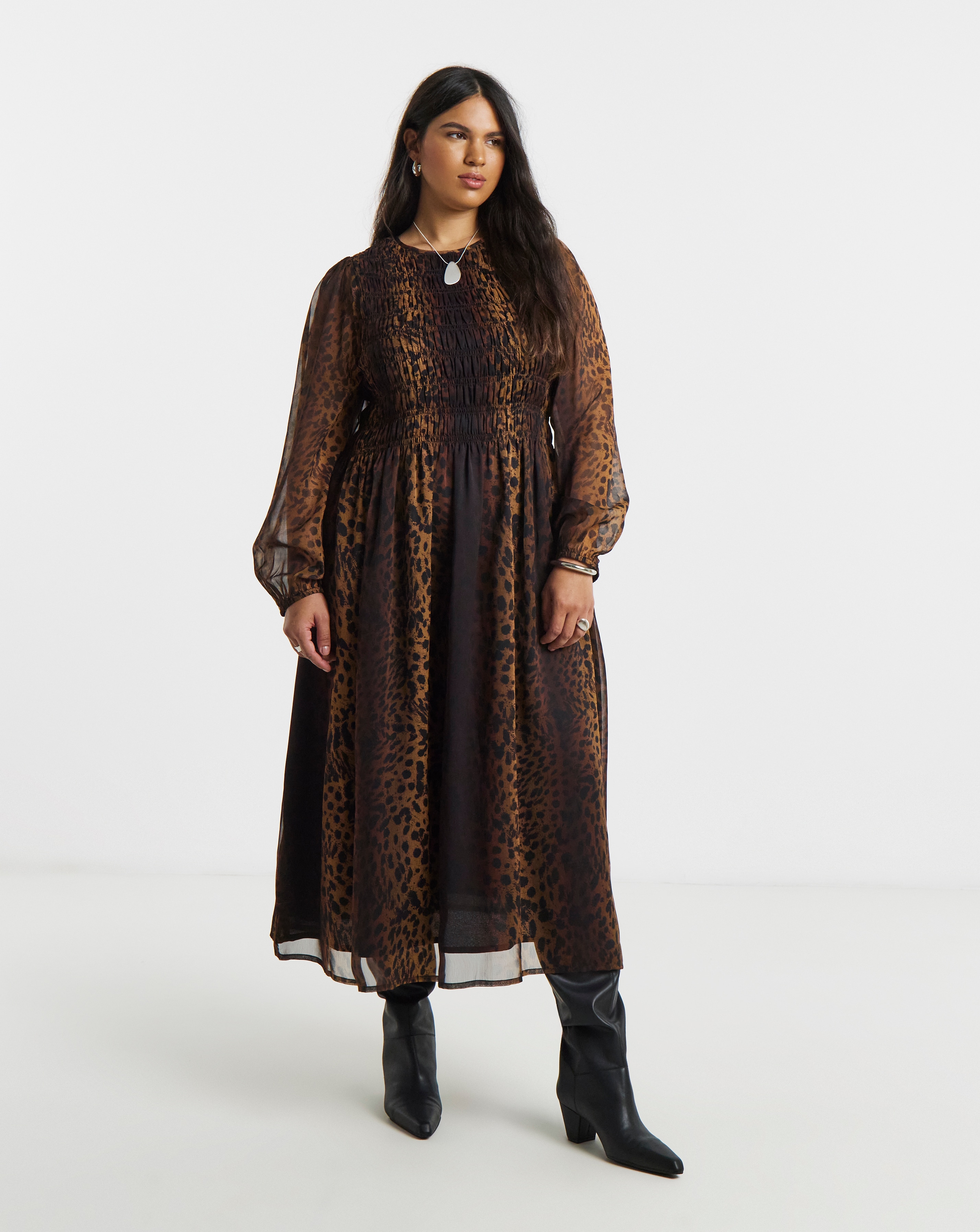 New In - Leopard Shirred Midi Dress