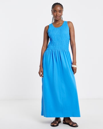 Blue Shirred Jersey Midi Dress