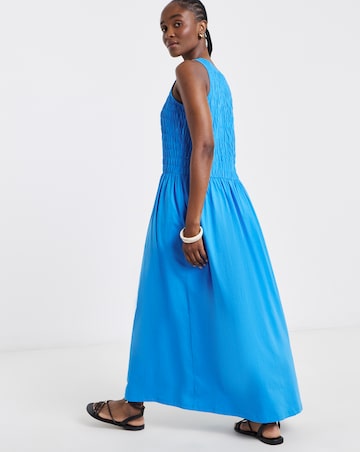 Blue Shirred Jersey Midi Dress