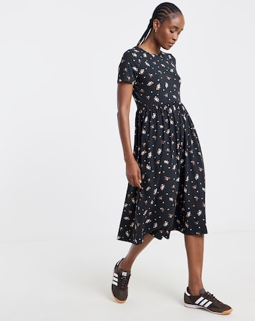 Black Ditsy Print Supersoft Midi Dress With Pockets
