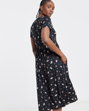 Black Ditsy Print Supersoft Midi Dress With Pockets