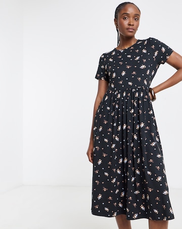 Black Ditsy Print Supersoft Midi Dress With Pockets
