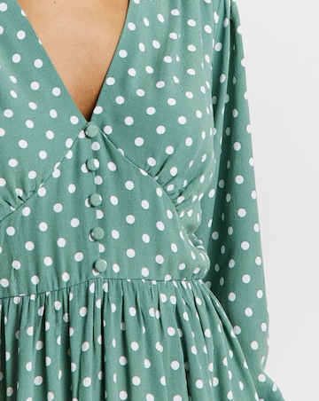 Green Spot Printed Waist Detail Midi Dress