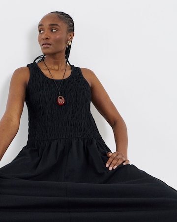 Black Shirred Jersey Midi Dress