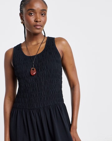 Black Shirred Jersey Midi Dress