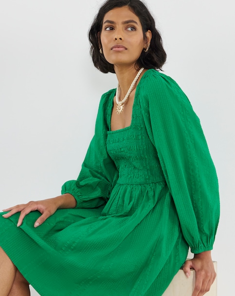 Simply Be Green Long Sleeve Shirred Skater Dress