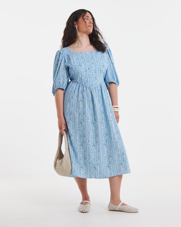 Blue Stripe And Floral Historic Detail Midi Dress