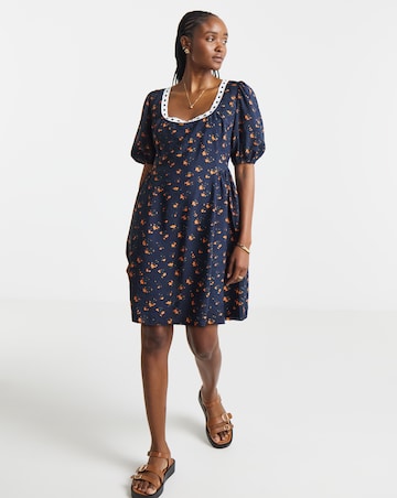 Black Floral Waist Detail Skater Dress With Ribbon Trim