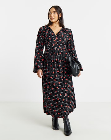Simply Be Printed Waist Detail Long Sleeve Midi Dress