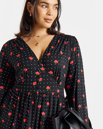 Simply Be Printed Waist Detail Long Sleeve Midi Dress