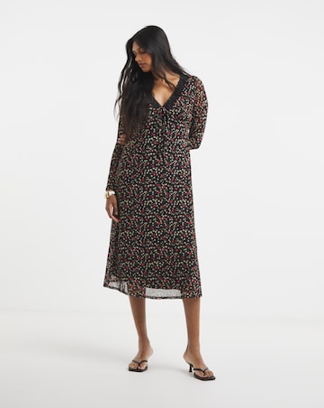 Simply Be Black Print Mesh Lace Trim Midi Dress