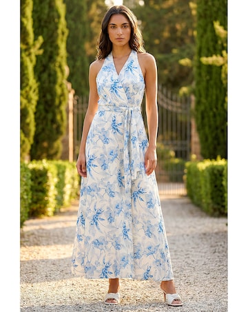 Roman Floral Swirl Halter Neck Dress