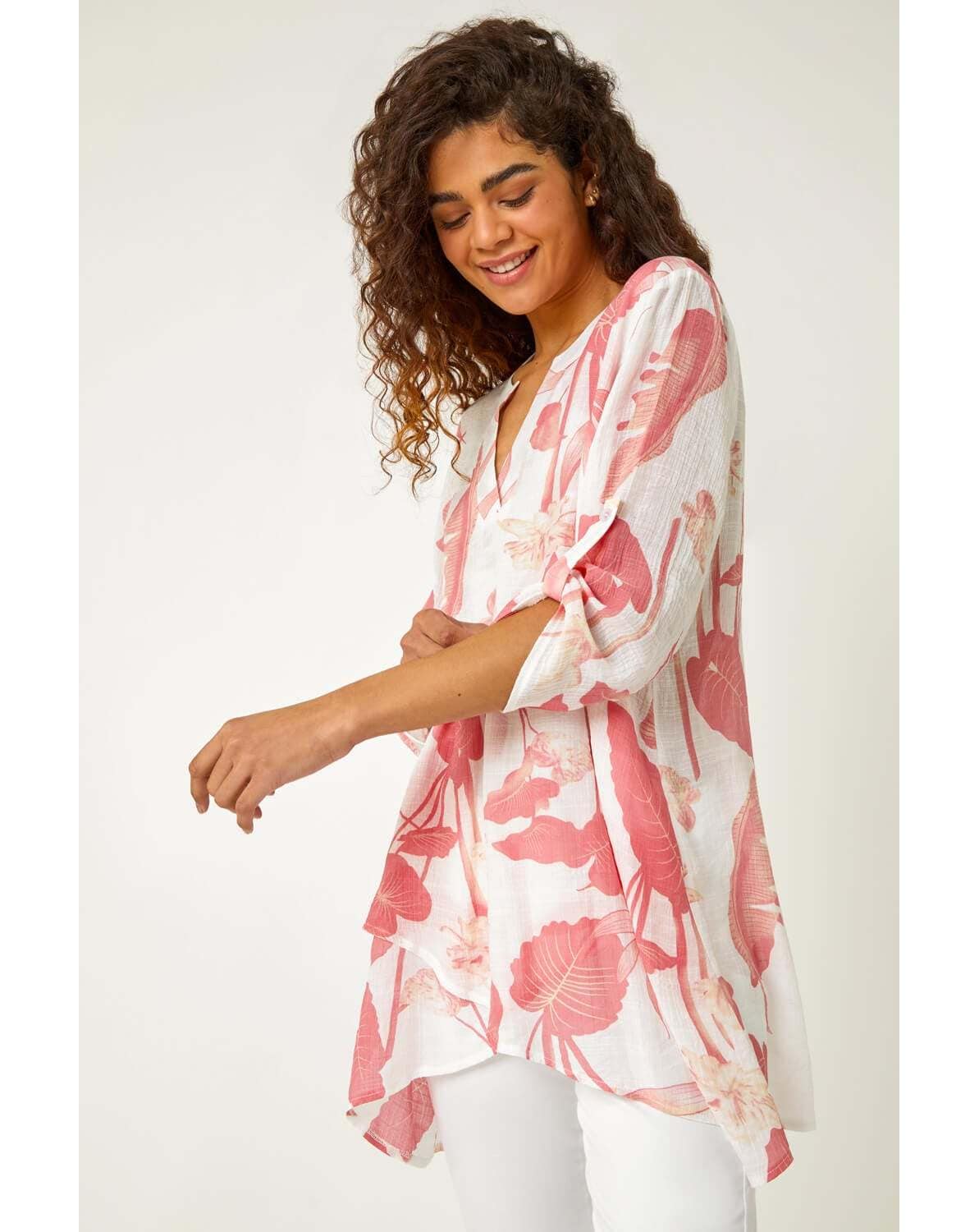 New In - Roman Palm Print V-Neck Wrap Tunic Top