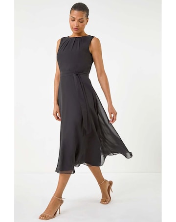 Roman Chiffon Pleat Neck Midi Dress