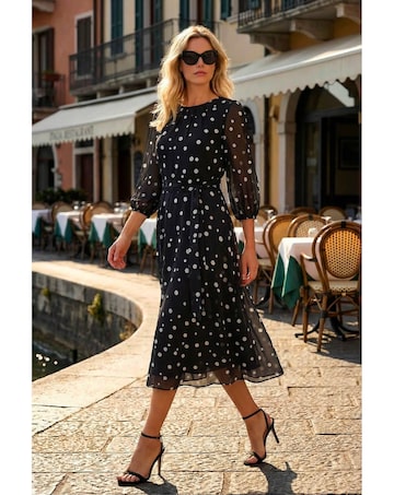 Roman Polka Dot Pleat Neck Midi Dress