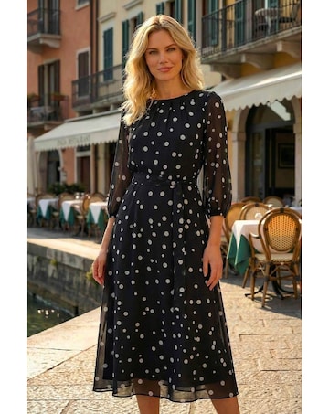 Roman Polka Dot Pleat Neck Midi Dress
