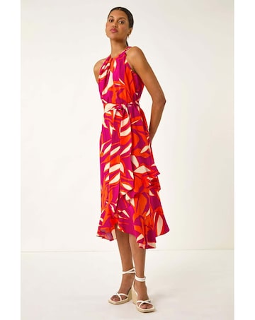 Roman Floral Print Frill Wrap Midi Dress