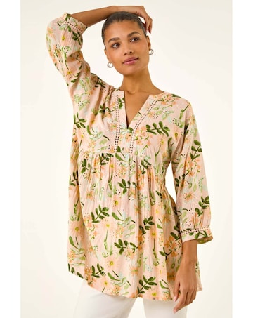 Roman Floral Broderie Trim Tunic Top