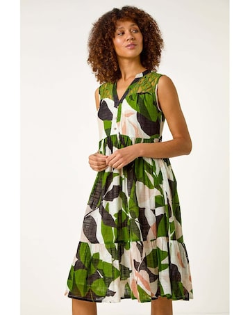 Roman Leaf Print Tiered Smock Midi Dress