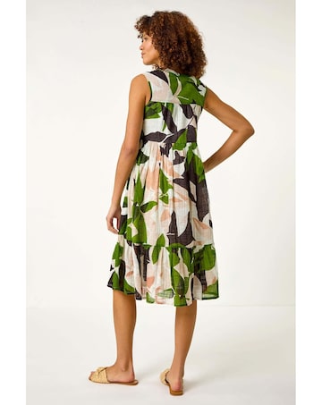 Roman Leaf Print Tiered Smock Midi Dress