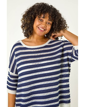 Roman Curve Crochet Stripe Knit Top