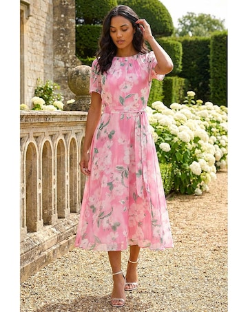 Roman Floral Print Pleat Neck Midi Dress
