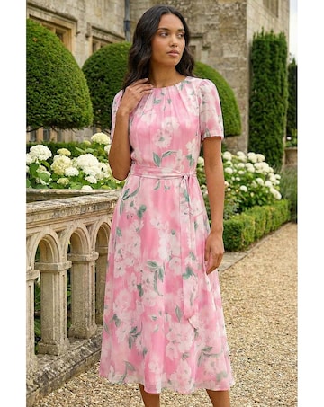 Roman Floral Print Pleat Neck Midi Dress