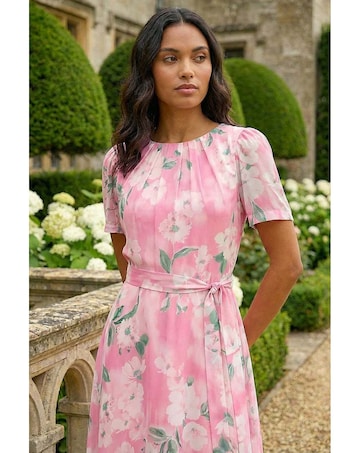 Roman Floral Print Pleat Neck Midi Dress