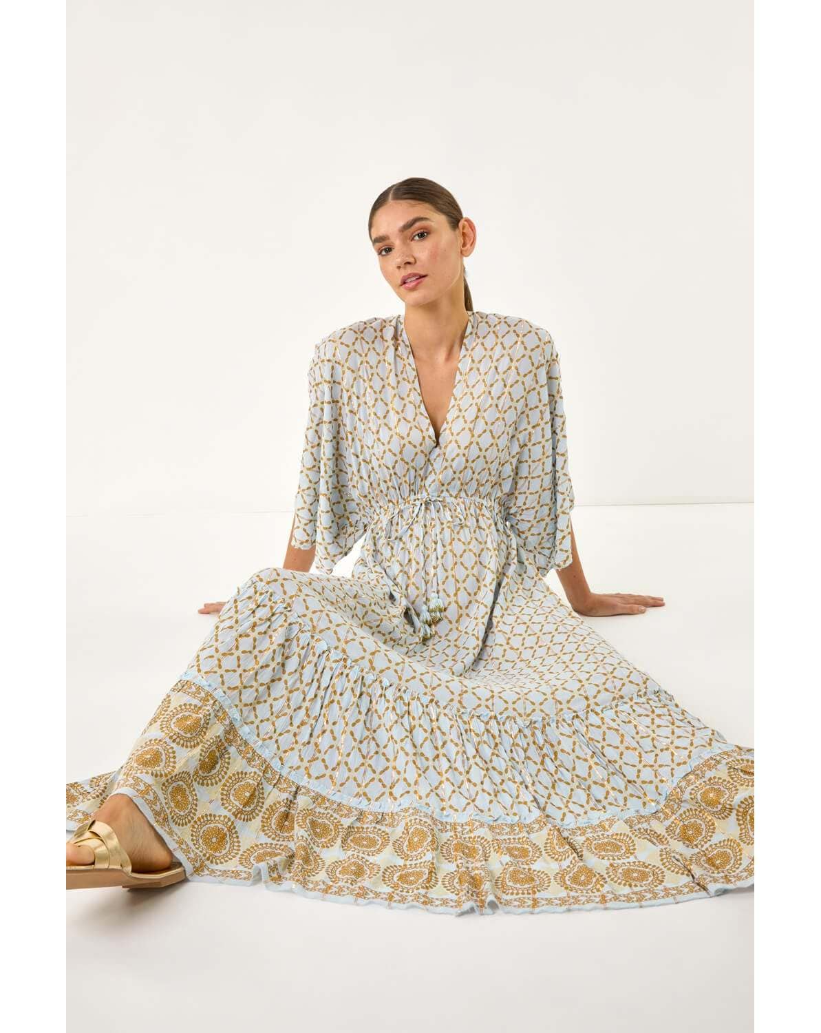 New In - Roman Shimmer Boho Border Maxi Dress