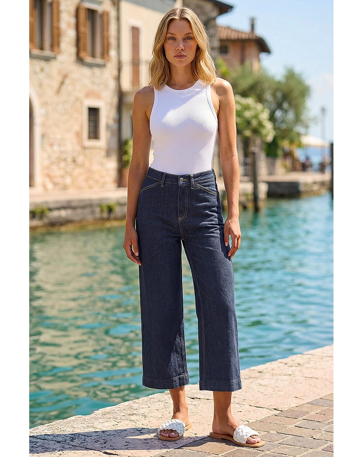Roman Wide Leg Cropped Denim Culottes