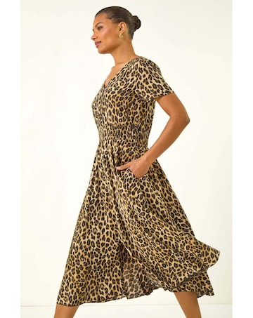 Roman Animal Print Shirred Midi Dress