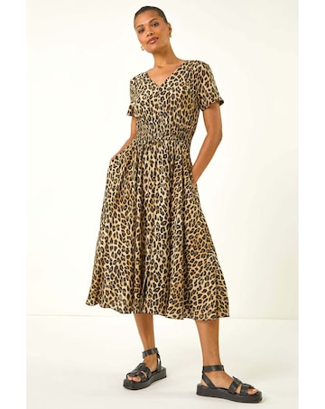Roman Animal Print Shirred Midi Dress