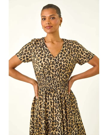 Roman Animal Print Shirred Midi Dress
