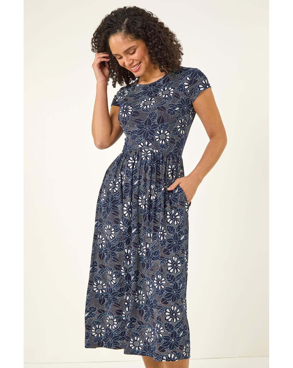 New In - Roman Floral Pocket Stretch Midi Dress