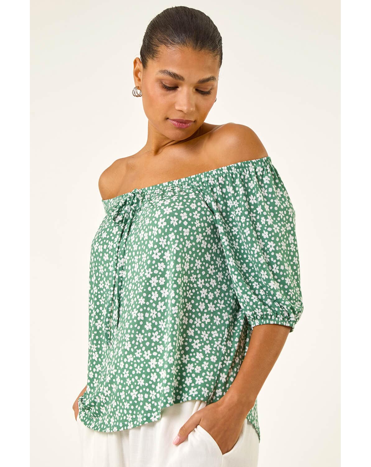 New In - Roman Floral Puff Print Bardot Top