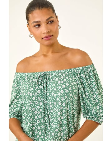 Roman Floral Puff Print Bardot Top